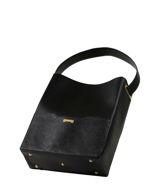 Sac Bucket en Cuir Vegan Jenah St. - Grand Modèle - Noir détail imprimé